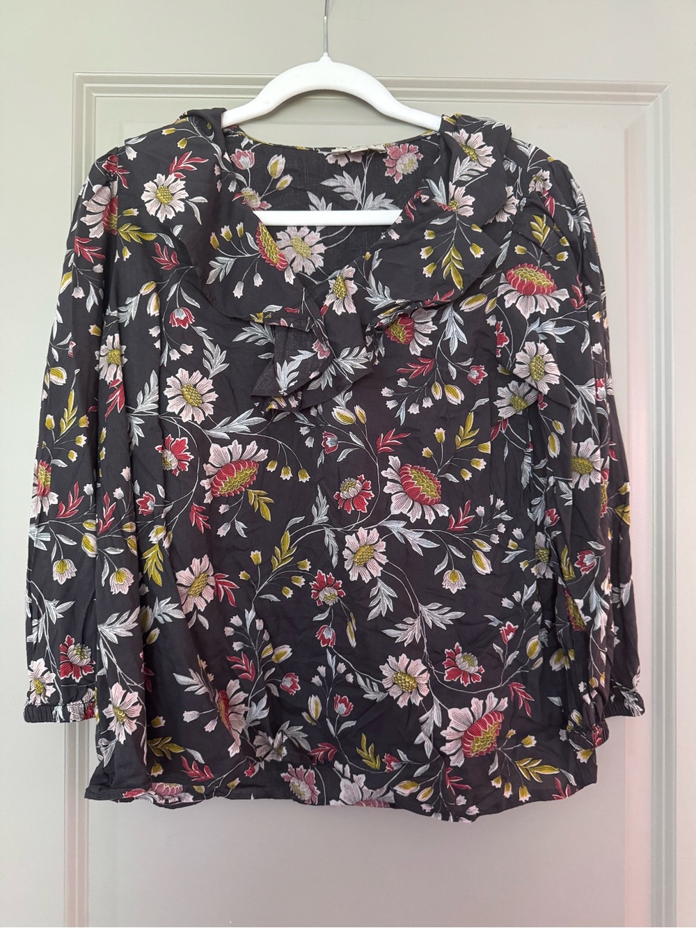Loft Black Floral Ruffle Tie-Neck Blouse
